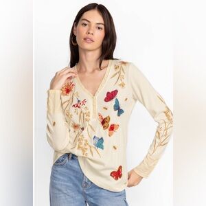 EUC Johnny Was Large Aria V-Neck Thermal Long Sleeve Cream Embroidered Top 🔥🔥
